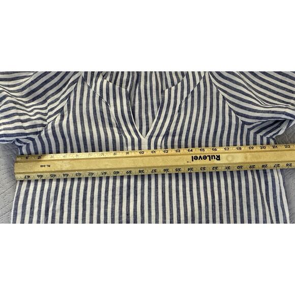 J Crew Sz M V Neck Flutter Sleeve Blue Striped 100% Linen Top - Picture 8 of 9